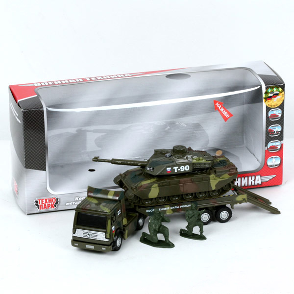 Металлический трейлер «Вооруженные силы» с инерционным танком на прицепе со светом и звуком sim) 